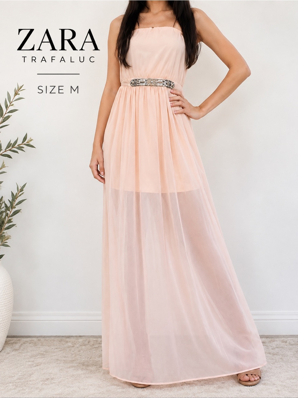 Zara Trafaluc Strapless Chiffon Maxi Dress Beaded Blush Pink M